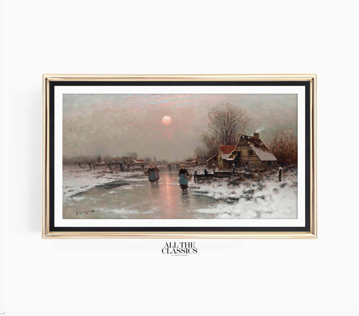 Winter Canal Sunset Frozen Village Evening Dutch Landscape Wall Art - Image 3