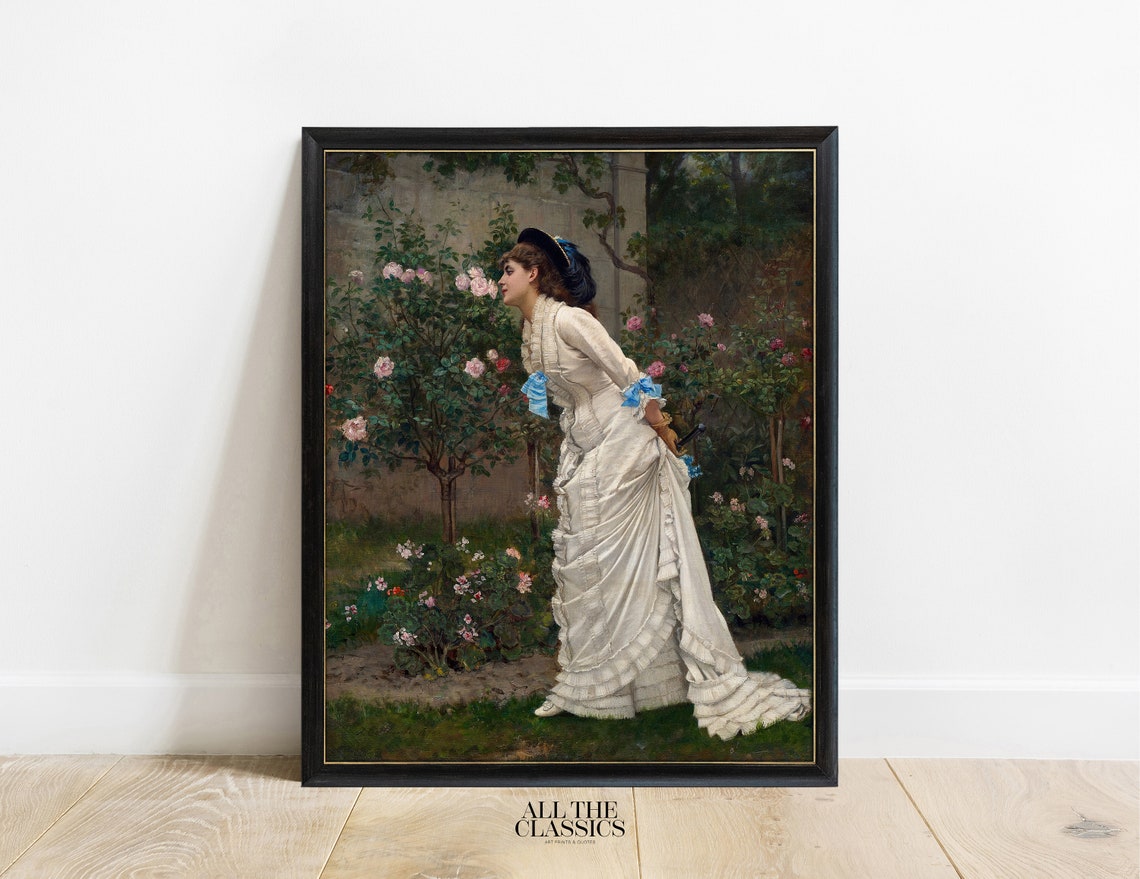 Victorian Lady Smelling Roses Elegant Garden Portrait Wall Art - Image 3