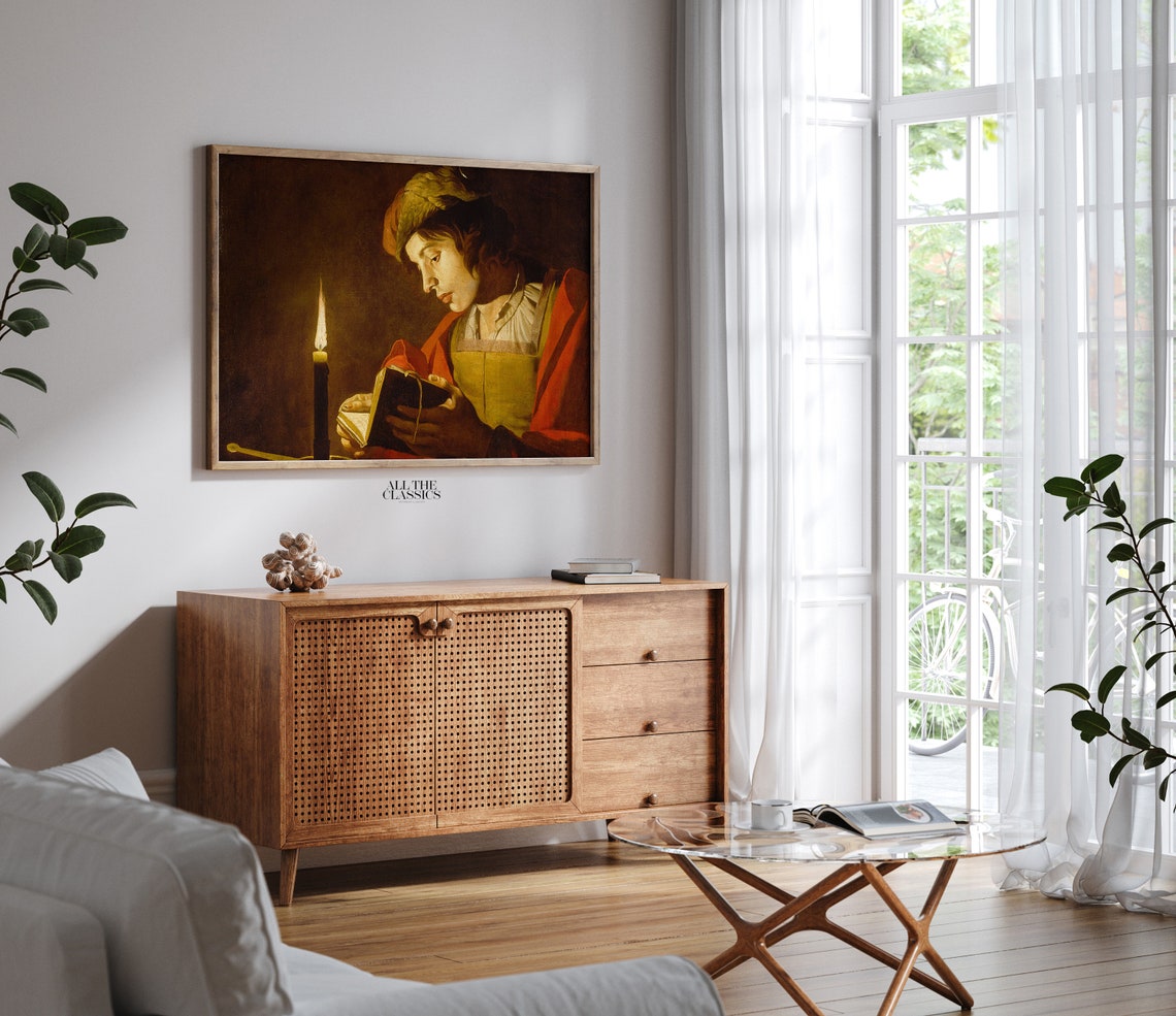 Baroque Young Man Reading By Candlelight Chiaroscuro Art Poster - Image 2
