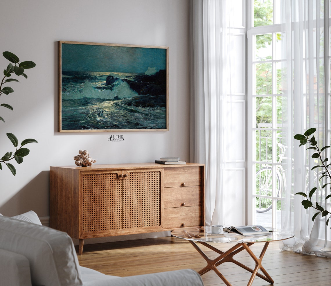 Dark Blue Seascape Crashing Waves Rocks Dramatic Ocean Painting Poster - Image 2