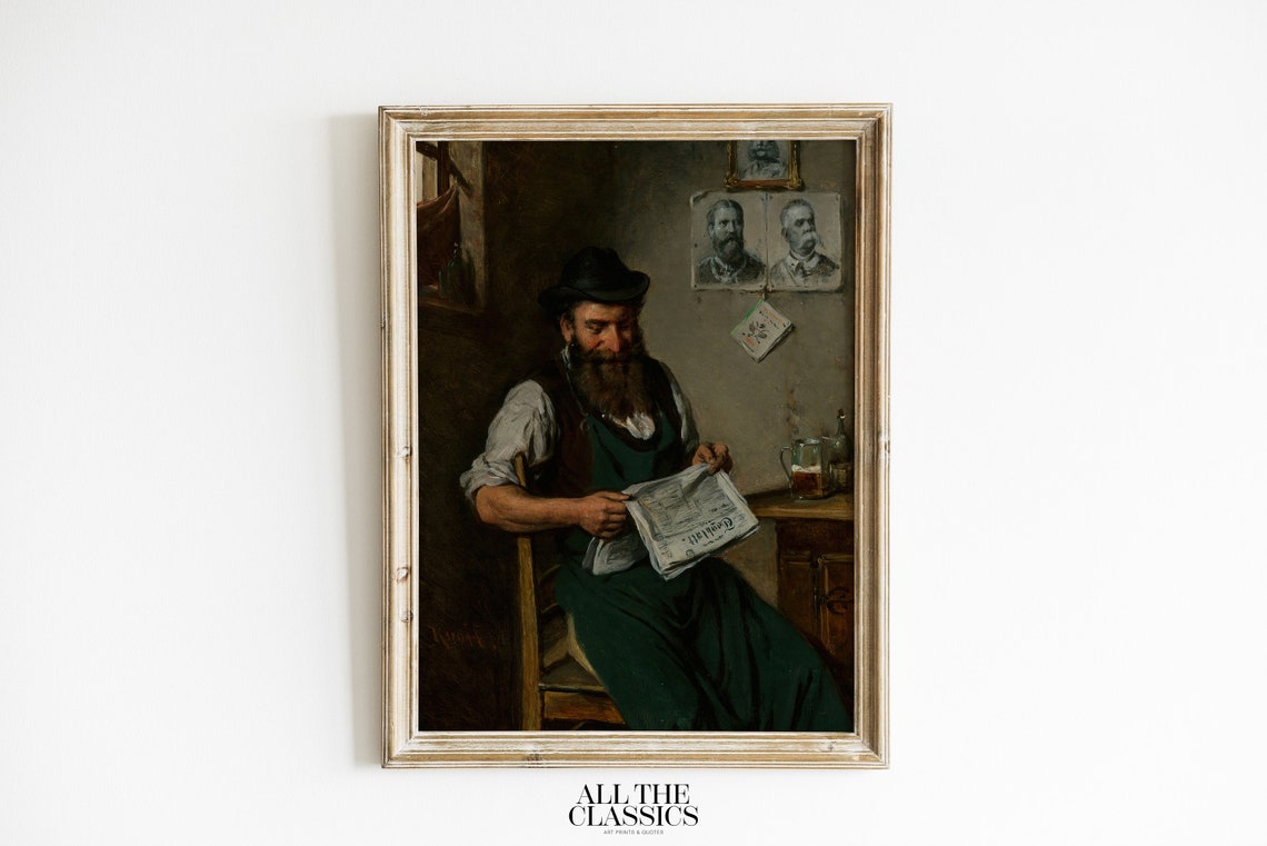 Bearded Man Reading a Newspaper in a Dark Tavern Vintage Poster