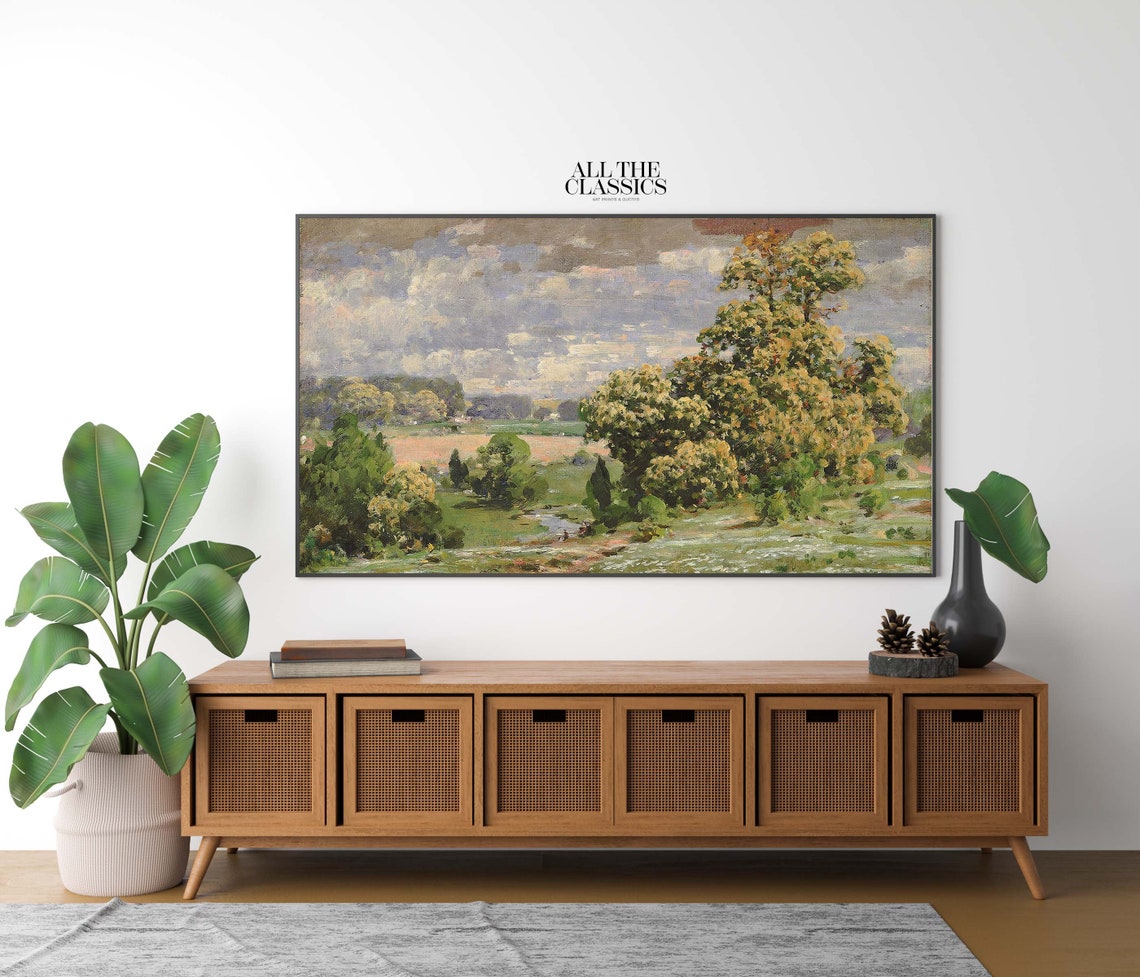 Majestic Big Trees Under Cloudy Sky Impressionist Landscape Poster - Image 2