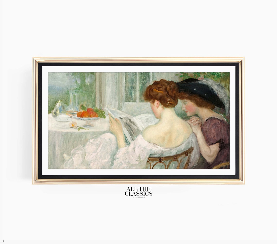 Two Victorian Women Reading Newspaper Window Vintage Interior Wall Art - Image 3
