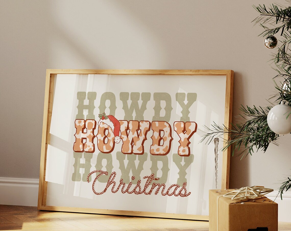 Howdy Christmas Cowboy Cowhide Retro Western Holiday Decor Poster