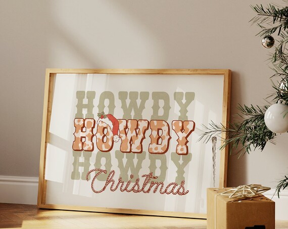 Howdy Christmas Cowboy Cowhide Retro Western Holiday Decor Poster