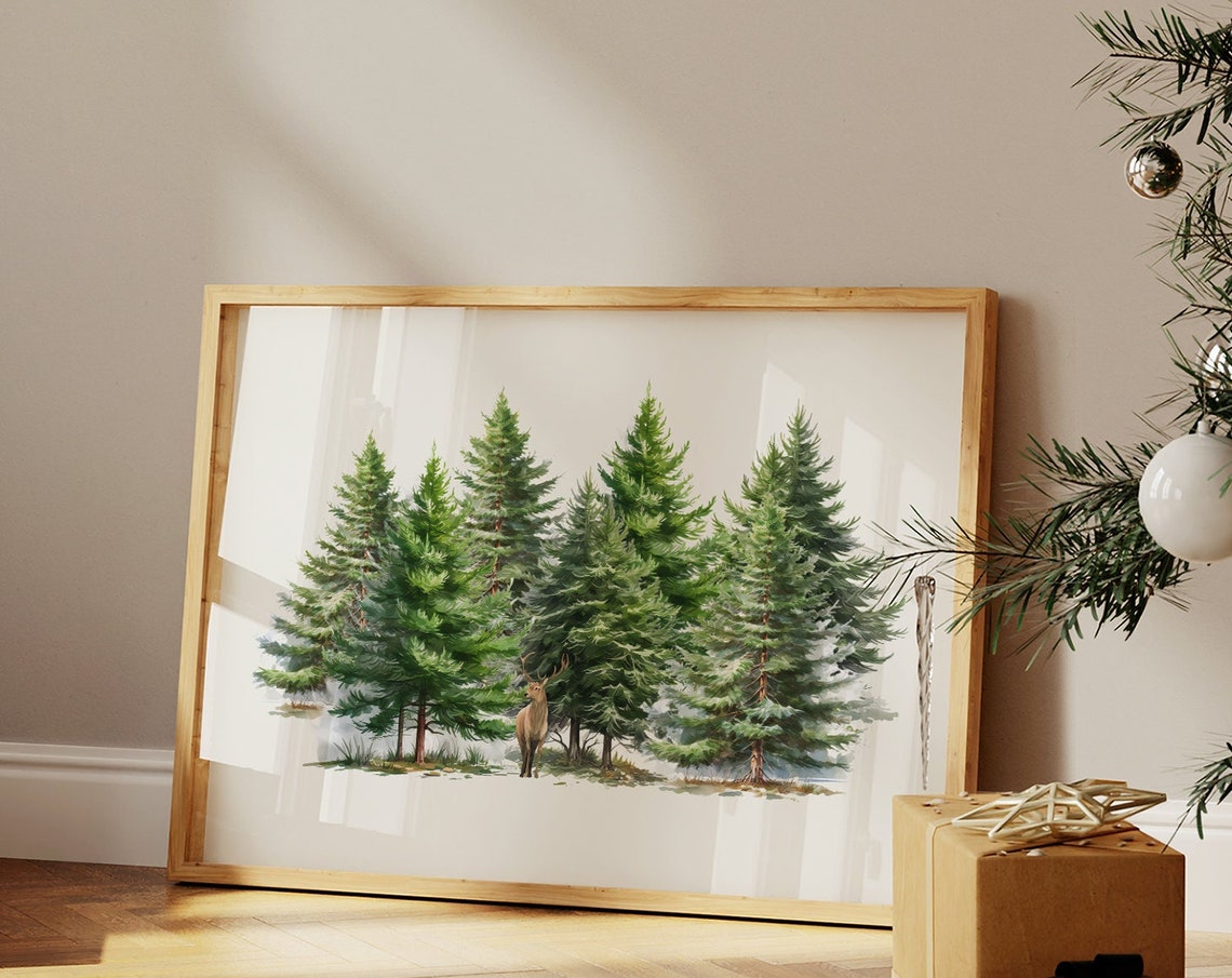 Watercolor Deer Among Evergreen Trees Winter Forest Scene Poster