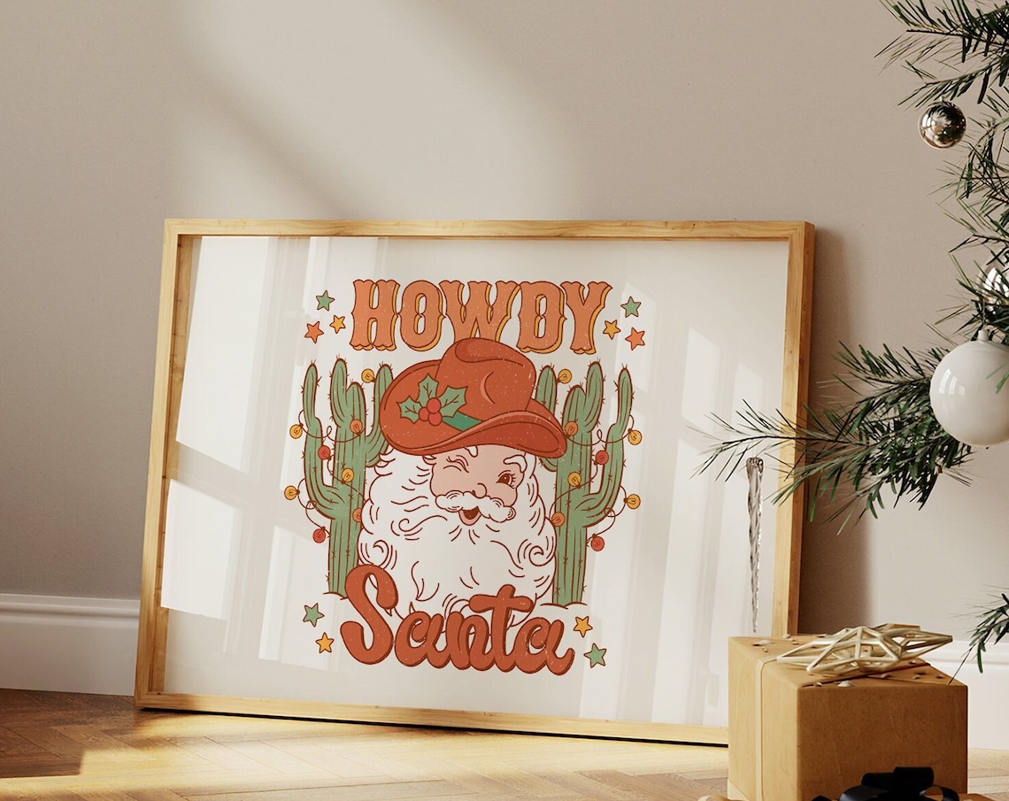 Howdy Santa Cowboy Hat Cactus Desert Christmas Holiday Poster