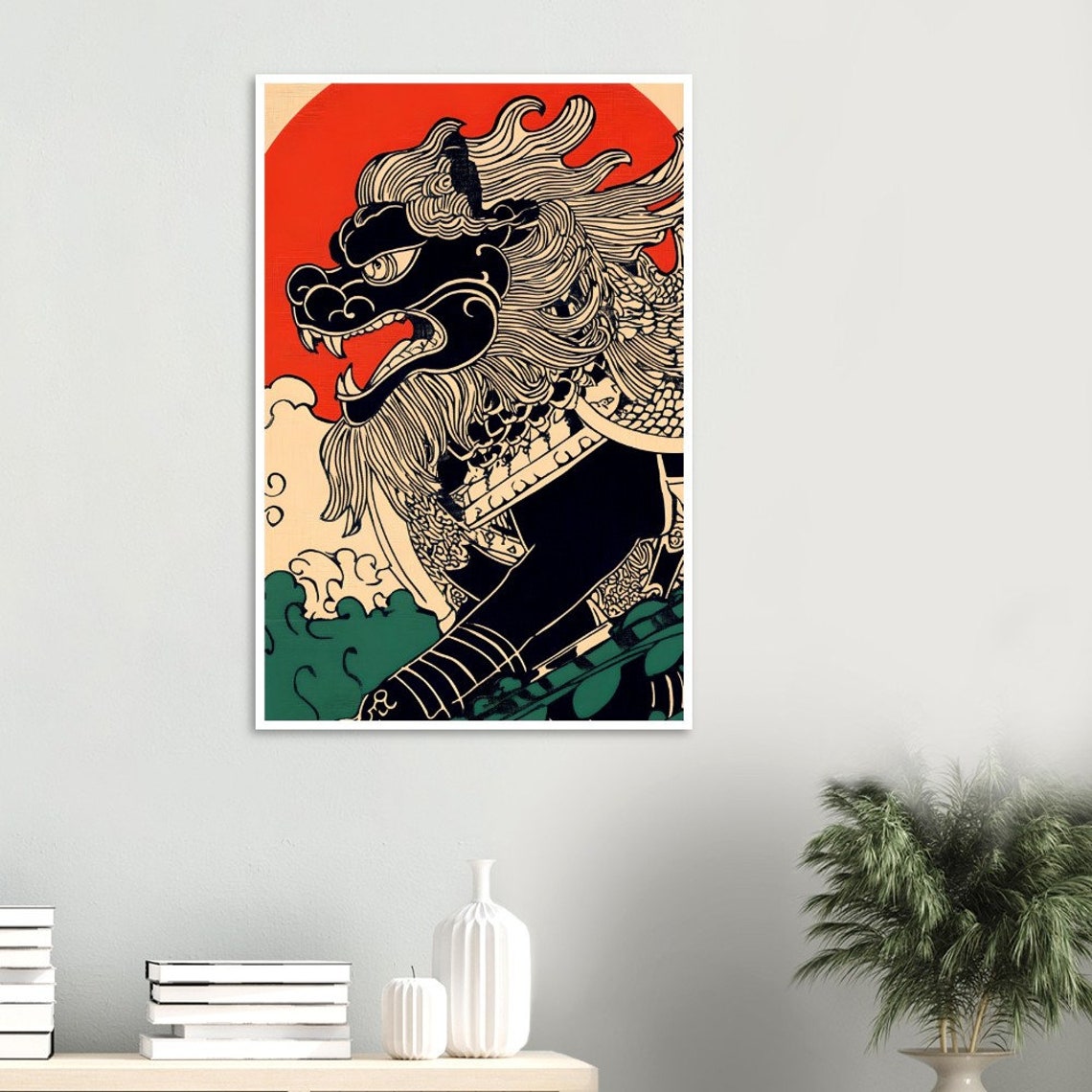 Japanese Ukiyo-E Roaring Guardian Beast With Red Sun Art Poster