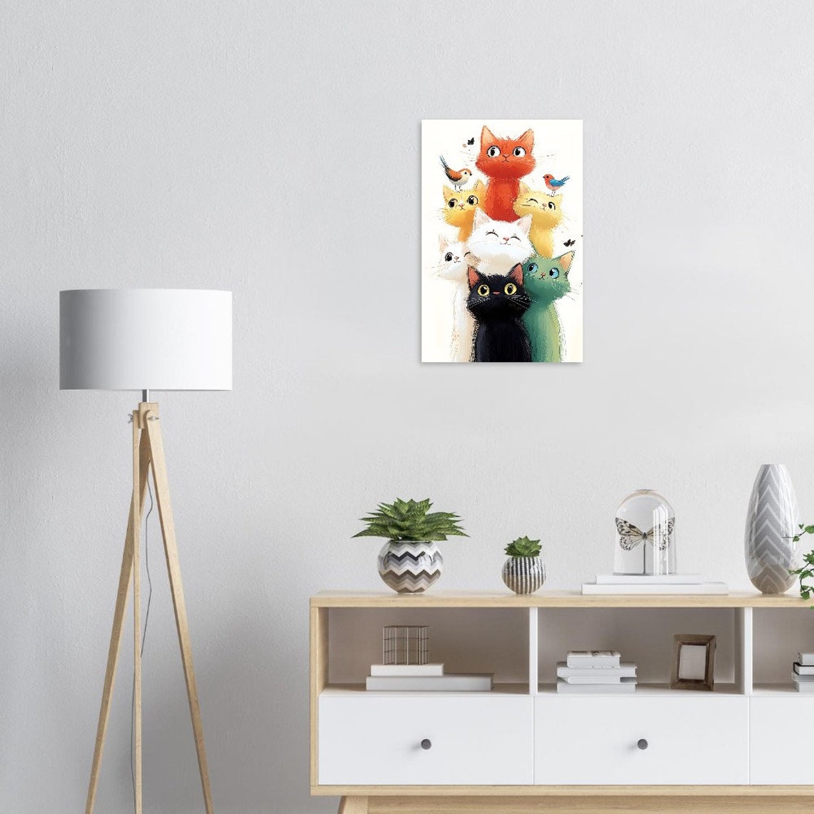 Stack Of Cute Colorful Cats With Birds Playful Nursery Decor Poster - Image 3