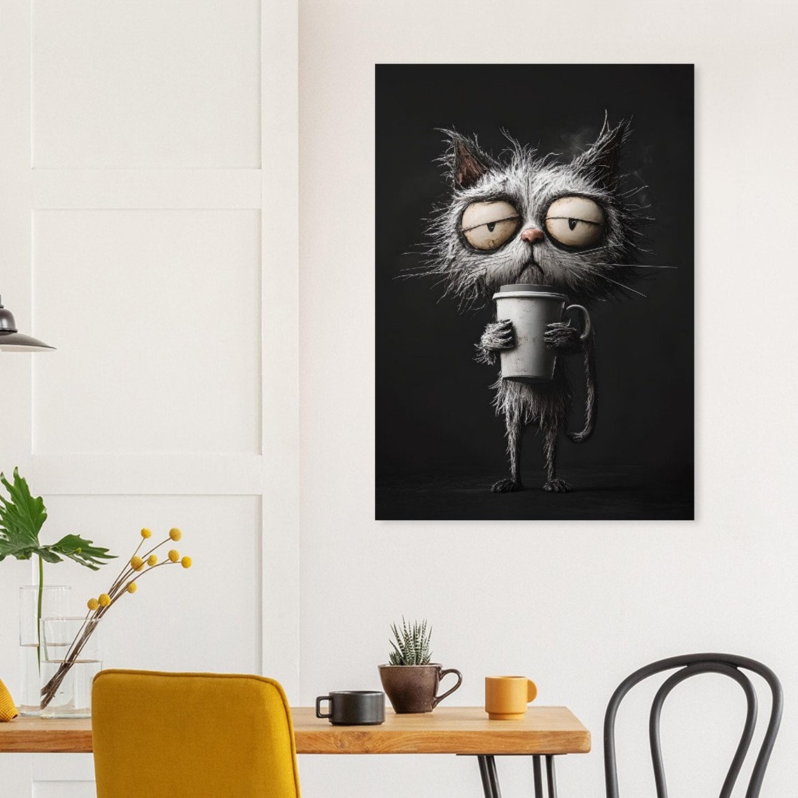 Tired Grumpy Cat With Coffee Mug Funny Dark Wall Decor Poster