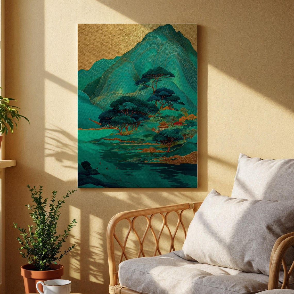 Serene Emerald Mountain Lake with Pagoda and Gold Sky Art Poster