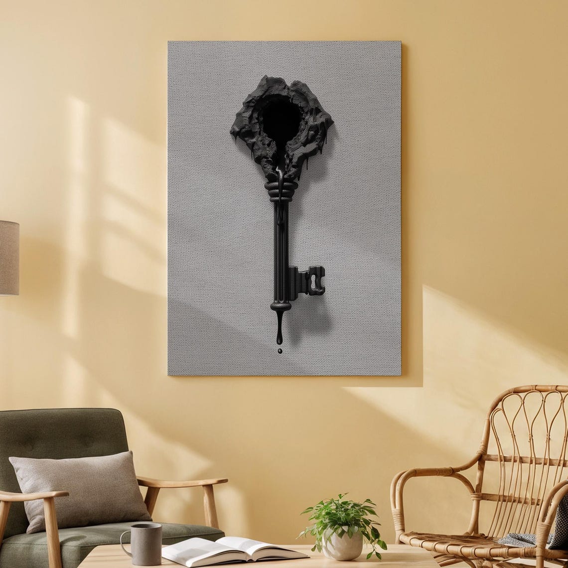 Surreal Black Key With Dripping Melting Effect Modern Art Poster