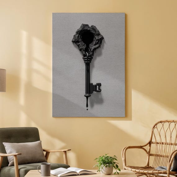 Abstract Black Key Wall Art Surreal With Dripping Effect Modern Conceptual For Home Or Office Decor And