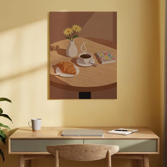 Morning Coffee And Croissant Canvas Art Cozy Breakfast Still Life Print Relaxing Kitchen Decor Cafe For Dining Room Office Or Home