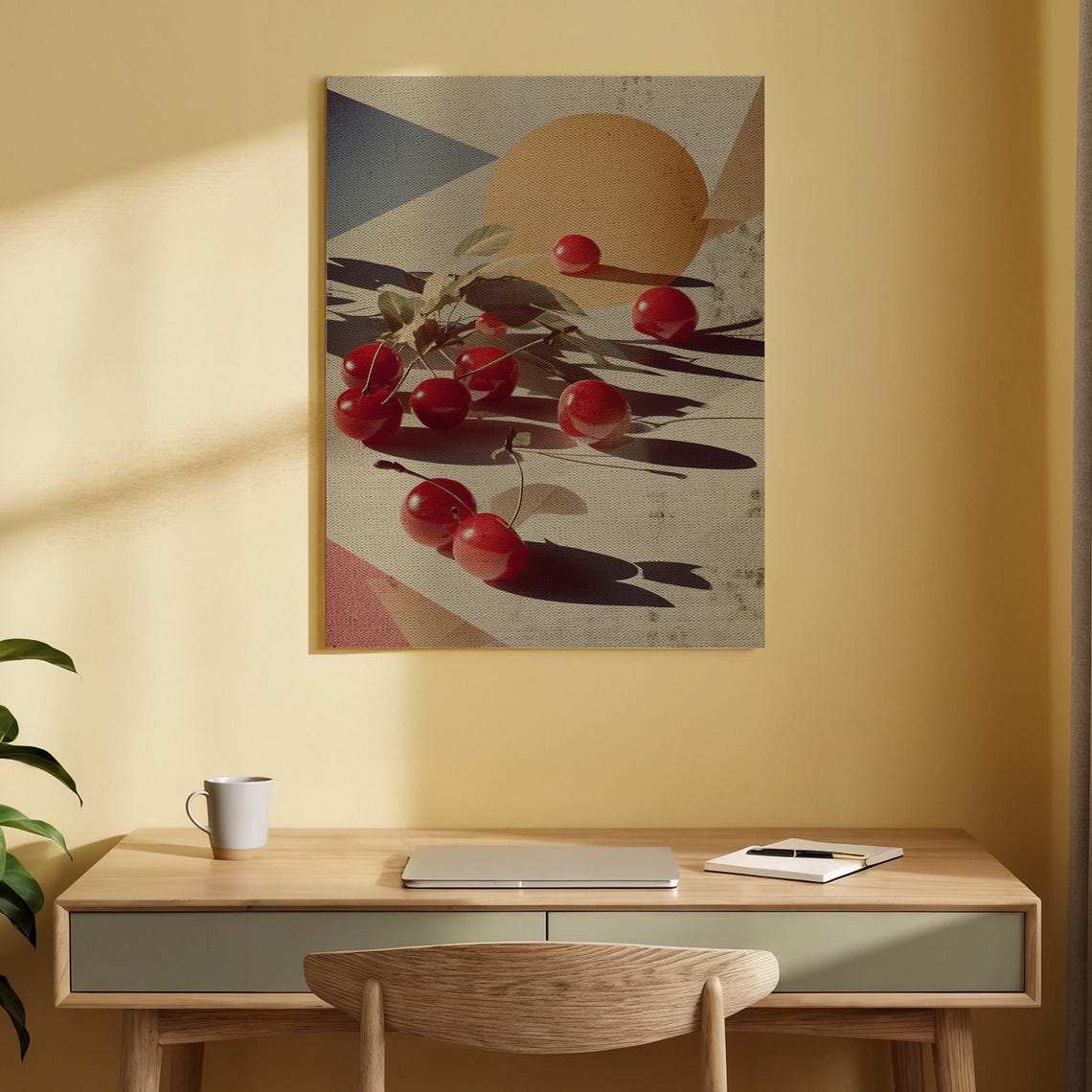 Red Cherries Still Life Art Long Shadows Geometric Sun Canvas Print