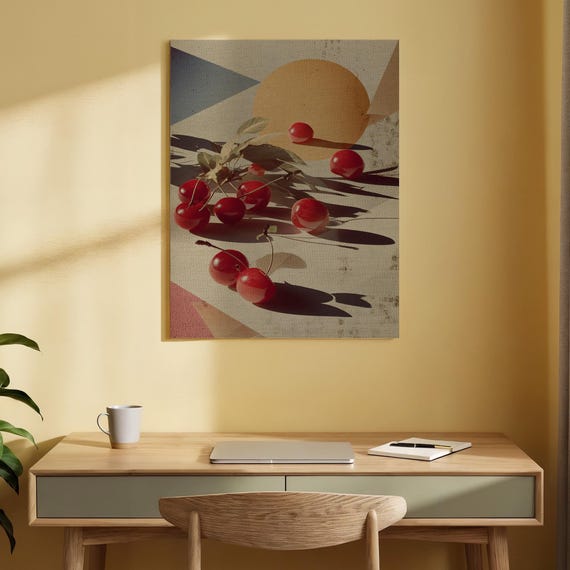 Cherry Blossom Canvas Art Minimalist Abstract Print Colorful Fruit Red Cherries With Geometric Shapes For Modern Decor