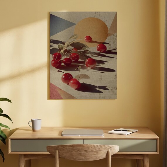 Red Cherries Still Life Art Long Shadows Geometric Sun Canvas Print