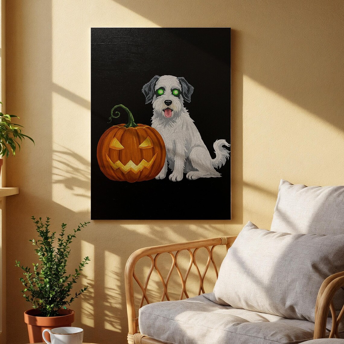 Cute White Puppy With Glowing Green Eyes And Jack O Lantern Halloween Poster
