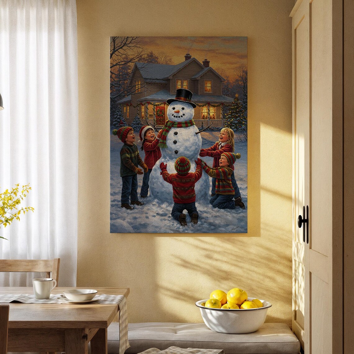 Kids Building A Snowman Winter Scene In Front Of Cozy House Poster