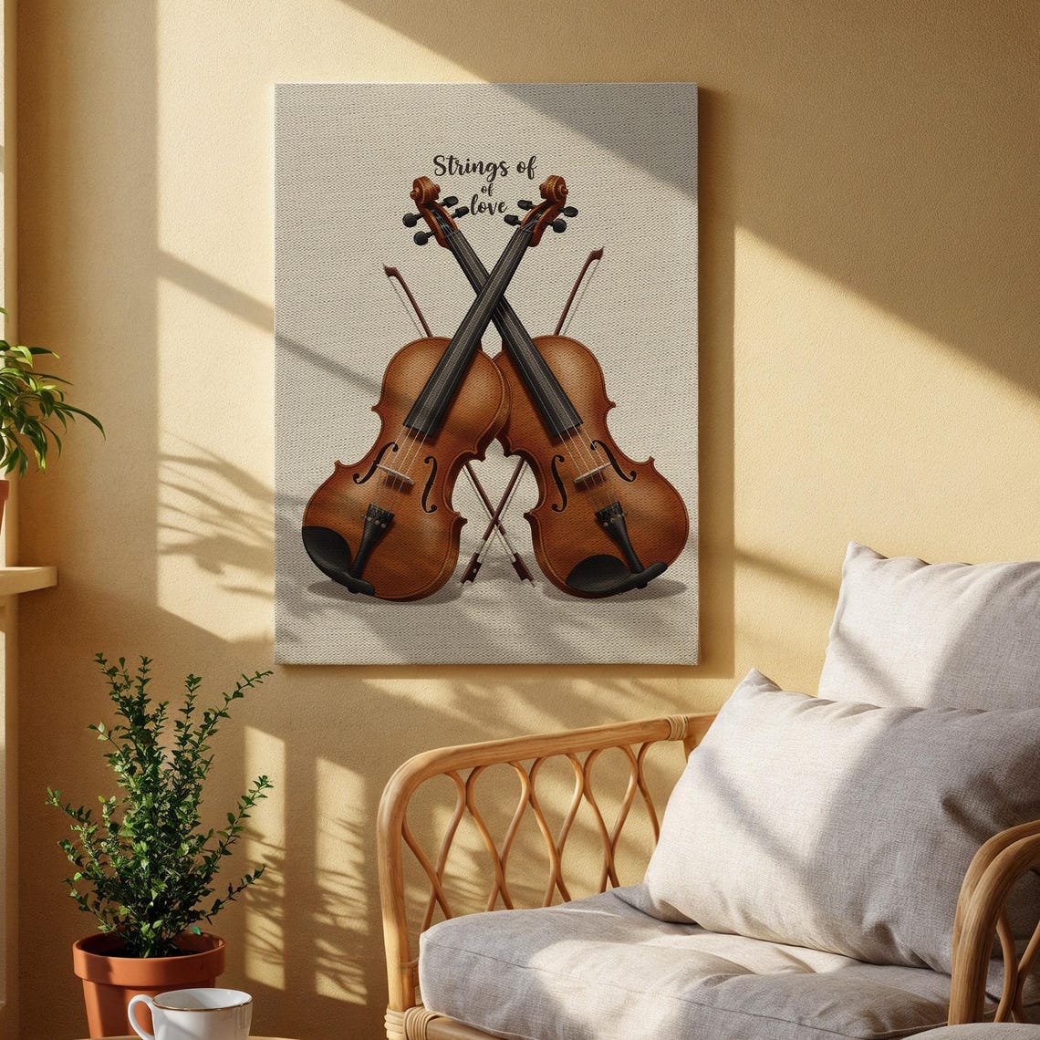 Strings of Love Crossed Violins Romantic Music Room Elegant Wall Art