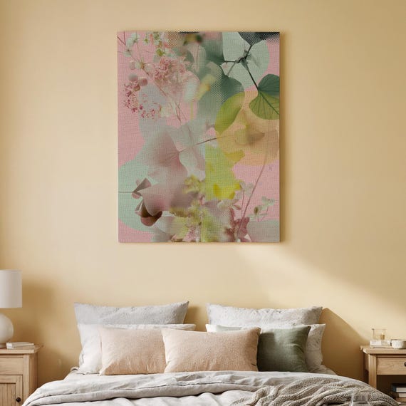 Pink Botanical Canvas Wall Art Abstract Floral Design With Greenery Accents Modern Nature Inspired For Bedroom Or Living Room Decor
