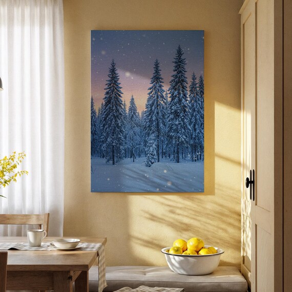 Snowy Pine Forest at Dusk Starry Winter Wonderland Canvas Poster