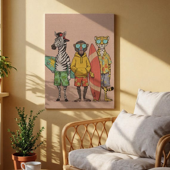Surfer Animals Canvas Art Zebra Monkey Cheetah In Beachwear Playful And Colorful Wildlife Wall Decor For Living Room Or Office