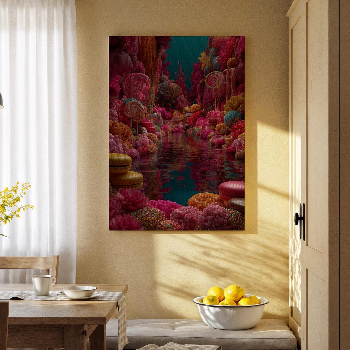 Candy Land Sweet River Lollipops Macarons Fantasy Canvas Poster