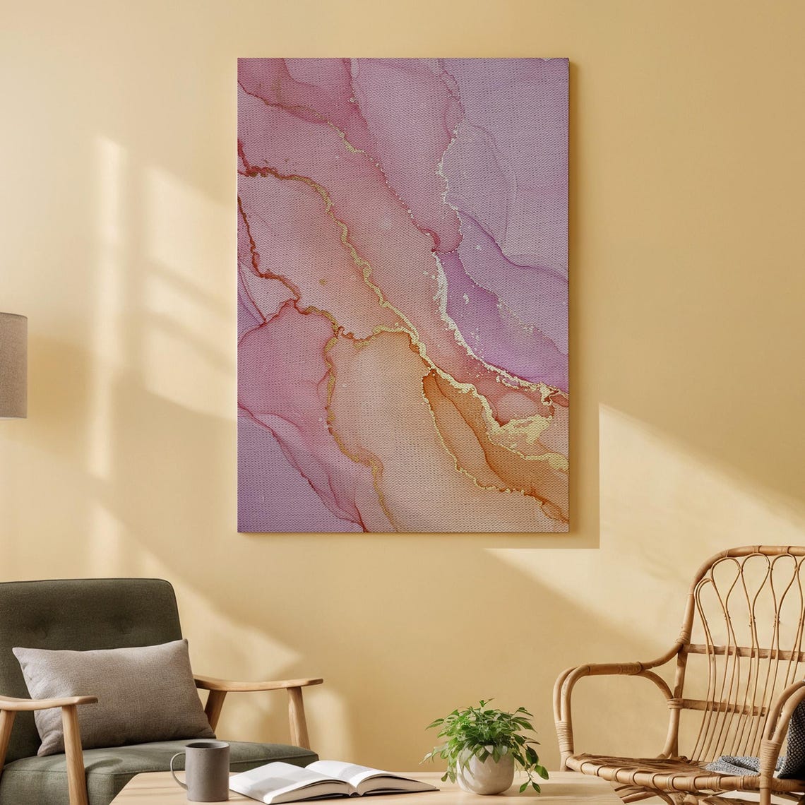Pink Abstract Marble Watercolor Gold Vein Elegant Modern Wall Art