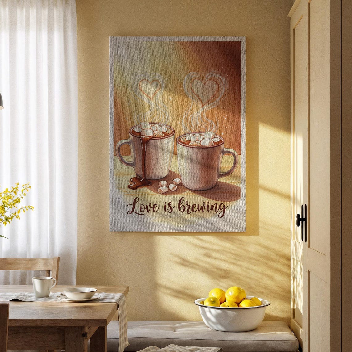Love is Brewing Hot Cocoa Mugs Heart Steam Romantic Kitchen Wall Print