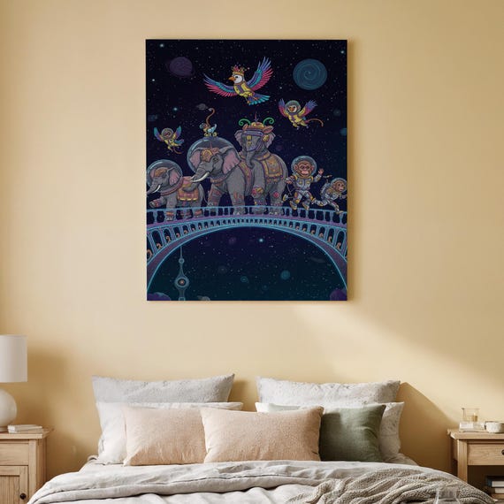 Space Animal Parade Canvas Wall Art Elephants Monkeys And Birds In Cosmic Adventure Whimsical Nursery Or Kids Room Fantasy Print