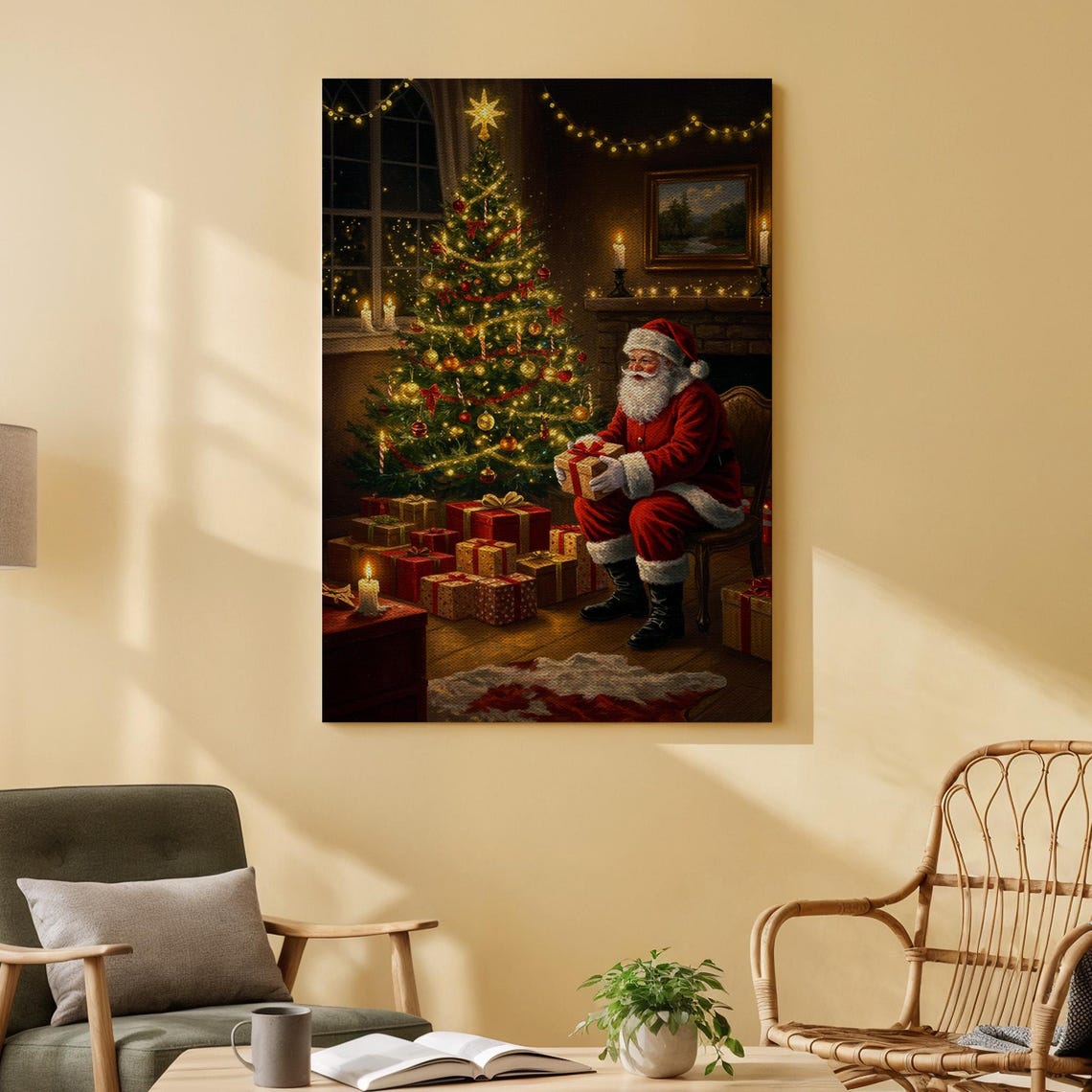 Santa By The Christmas Tree Classic Holiday Poster Cozy Fireplace