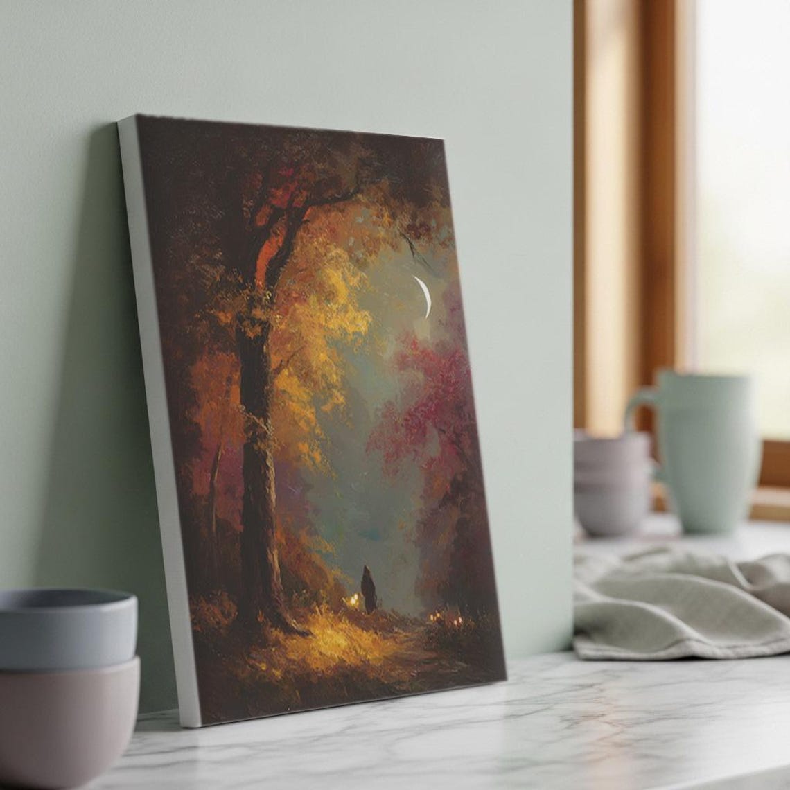 Moonlit Autumn Forest Path Night Woodland Mystery Canvas Wall Art