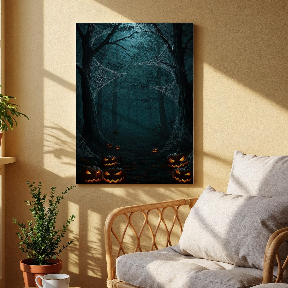 Haunted Forest Jack O Lanterns Spiderweb Spooky Halloween Poster