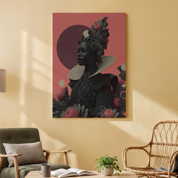 Regal Woman Canvas Wall Art Afro Futuristic Portrait With Flowers And Abstract Shapes Bold Modern Artwork For Living Room Or Office
