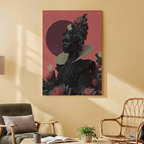 Regal Woman Floral Portrait Afro Futuristic Black Woman Canvas Print