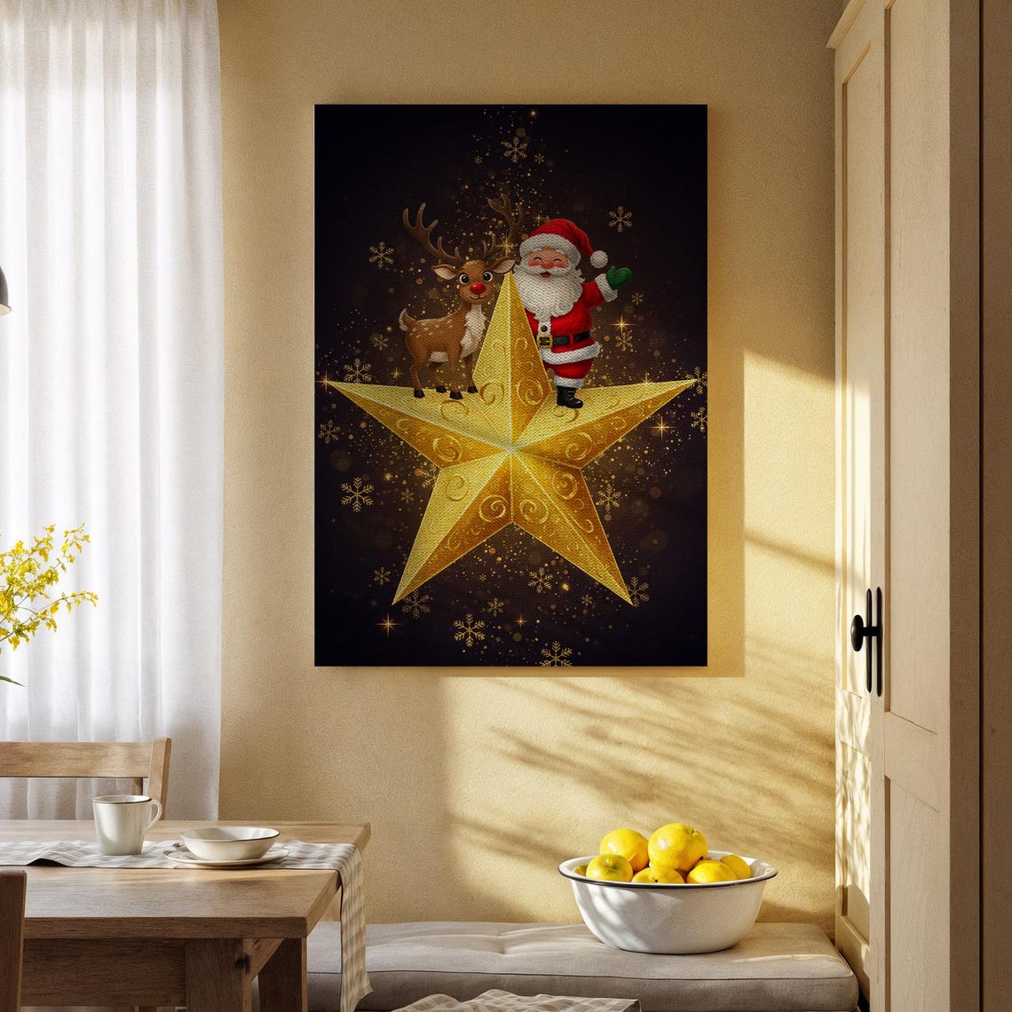 Santa Claus And Reindeer On Giant Golden Star Christmas Canvas Print