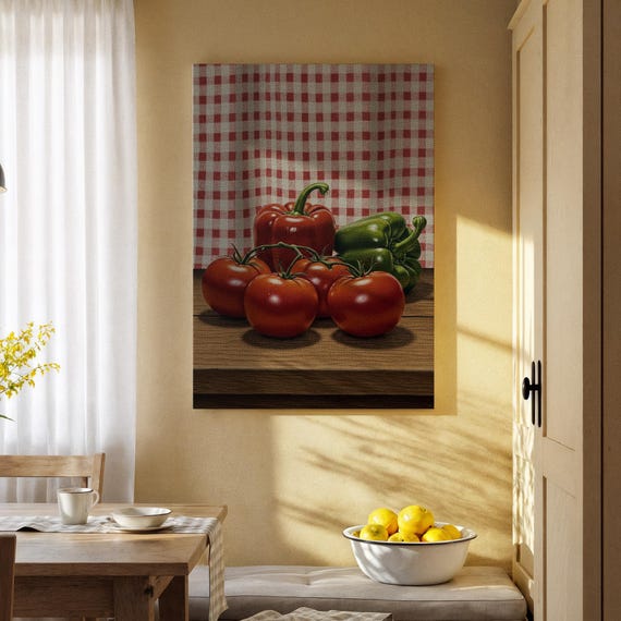 Tomato And Pepper Canvas Wall Art Rustic Kitchen Vegetable Print Country Farmhouse Food Decor For Dining Room Cafe