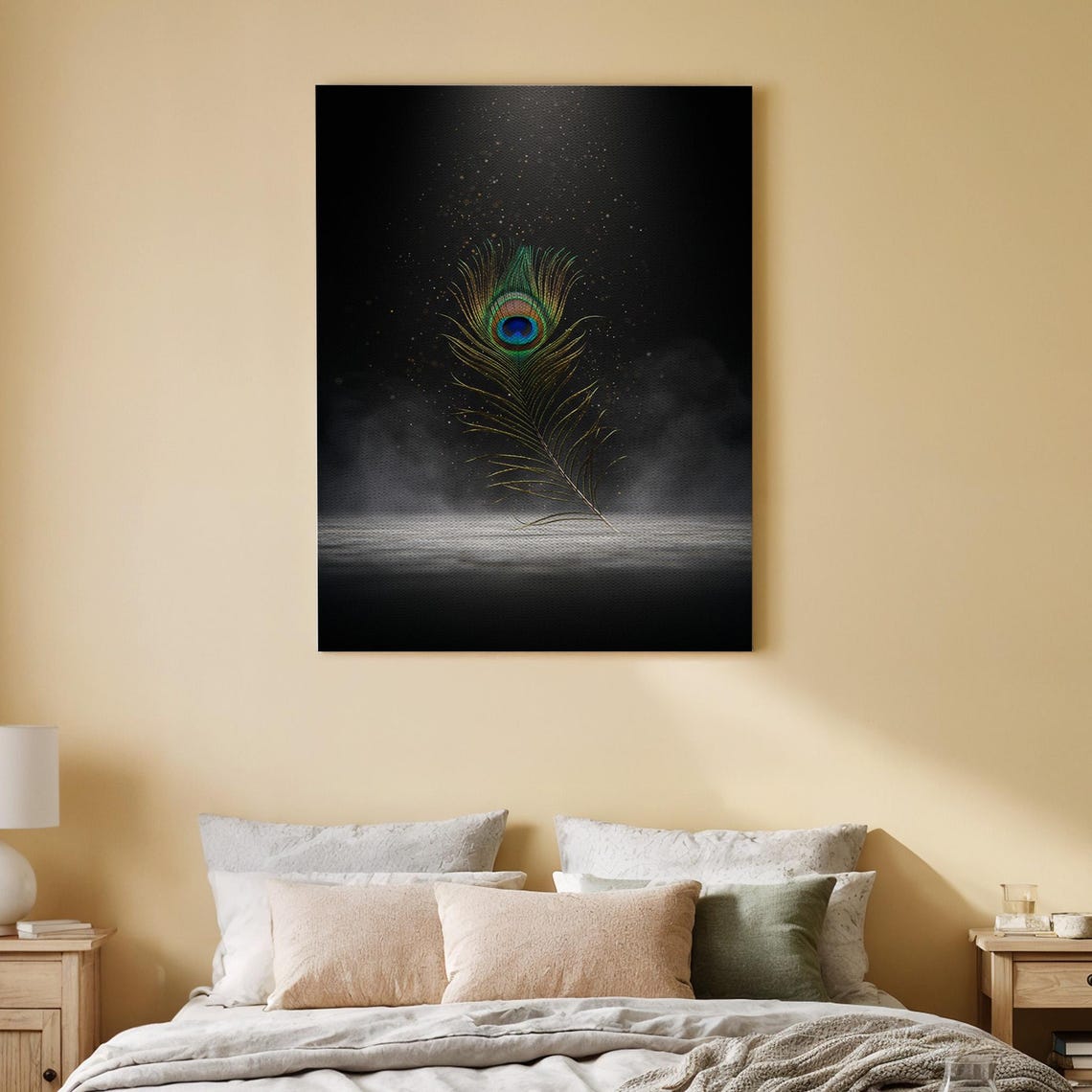 Single Peacock Feather on Black Elegant Gold Sparkle Canvas Poster