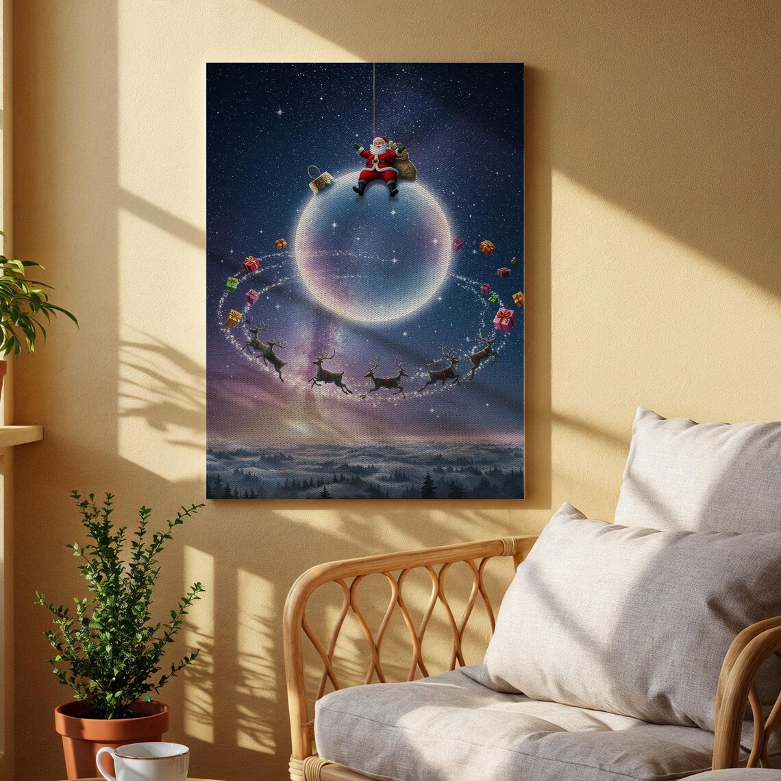 Santa Sitting Moon Reindeer Ring Gifts Magical Christmas Night Poster