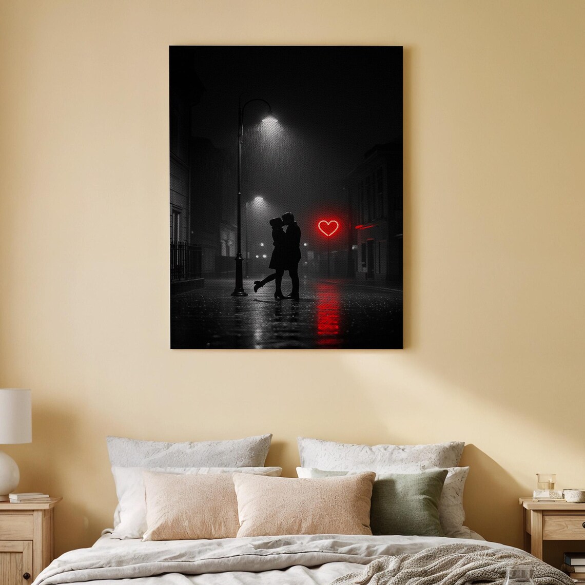 Rainy Night Kiss Street Neon Red Heart Romantic Couple Wall Art