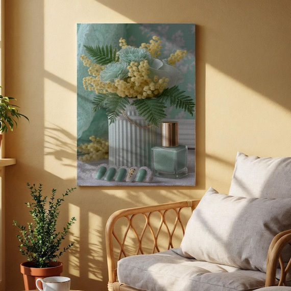 Elegant Floral Still Life Canvas Print Yellow Mimosa Vase Decor