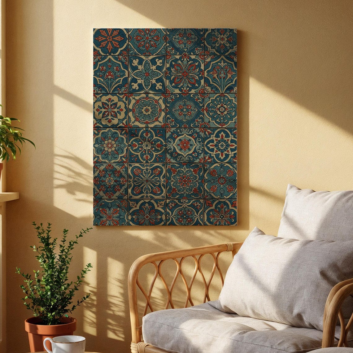 Vintage Tile Pattern Blue Floral Ornamental Mosaic Art Poster