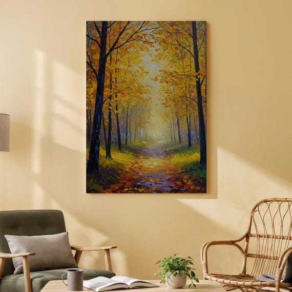 Autumn Forest Path Wooden Poster Print On Wood Golden Leaves Fall Nature Wall Decor Rustic Landscape Artwork For Living Room
