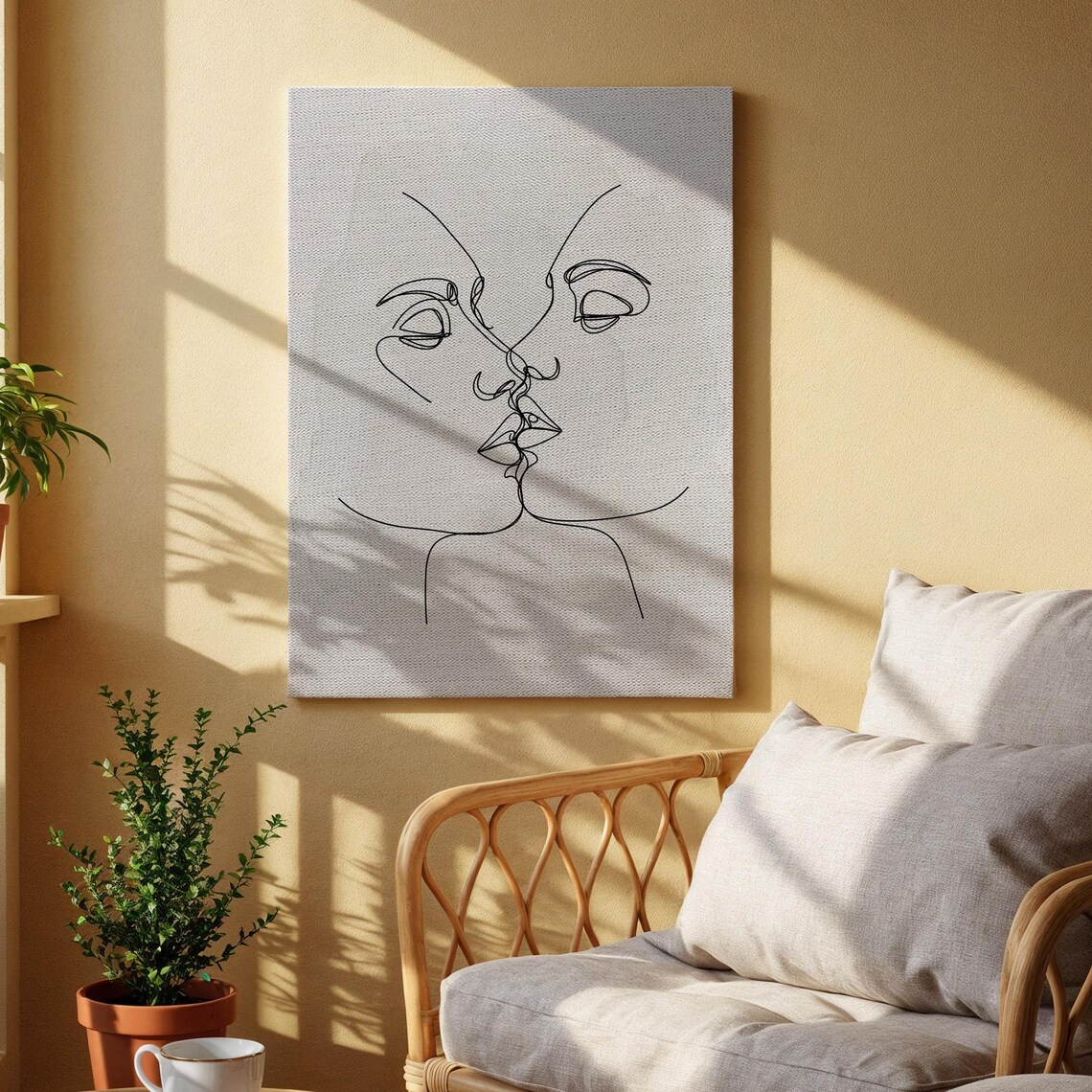 Minimalist Kiss Line Art Romantic Couple Faces Single Line Modern Decor Poster