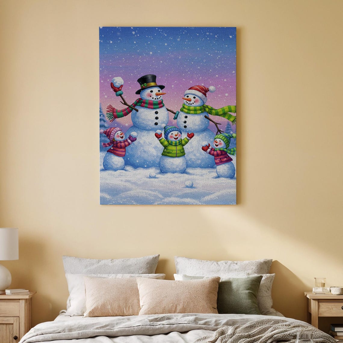 Snowman Family Playing In Snow Winter Dusk Christmas Canvas Print