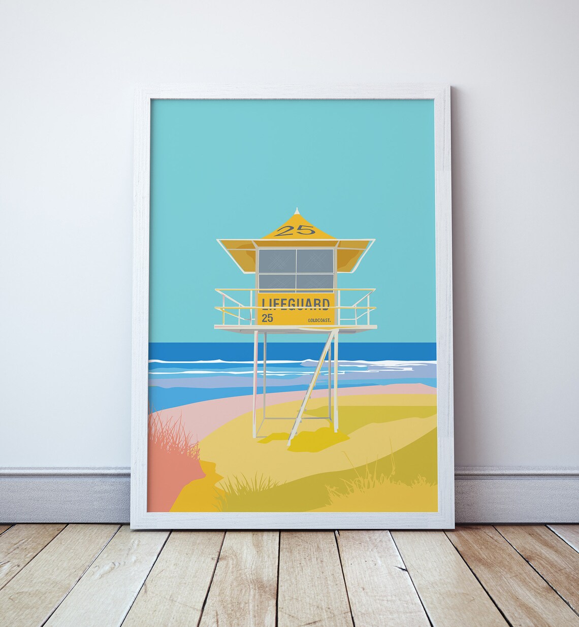 Gold Coast Lifeguard Tower 25 on Sandy Beach Minimalist Travel Poster