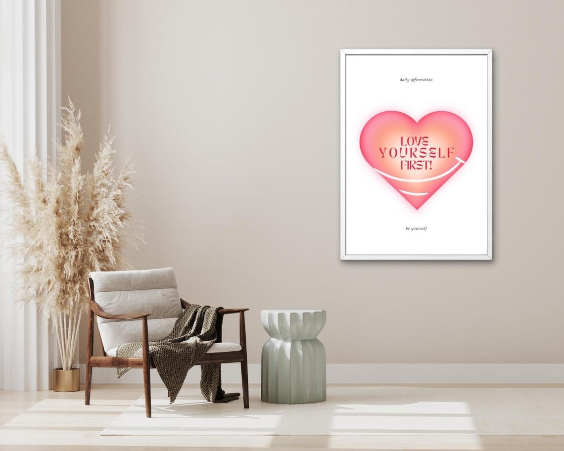 Love Yourself First Daily Affirmation Pink Heart Self Care Poster - Image 3