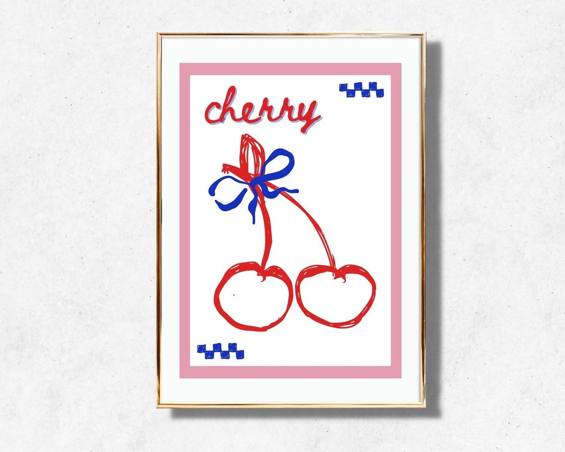 Cherry Red Bow Retro Fruit Illustration Pink Kitchen Decor Poster - Image 2