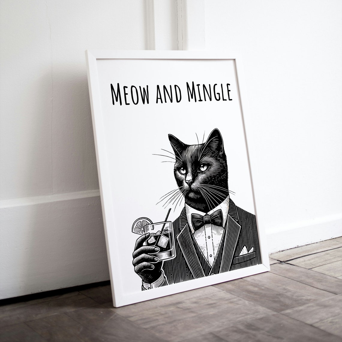 Meow and Mingle Black Cat Tuxedo Cocktail Funny Animal Bar Poster